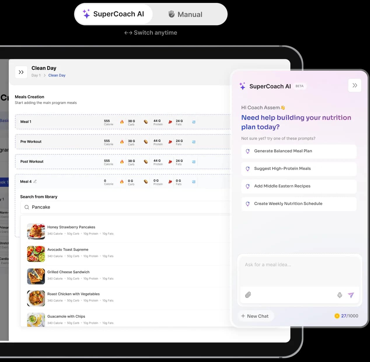 SuperCoach AI nutrition planner and manual meal builder